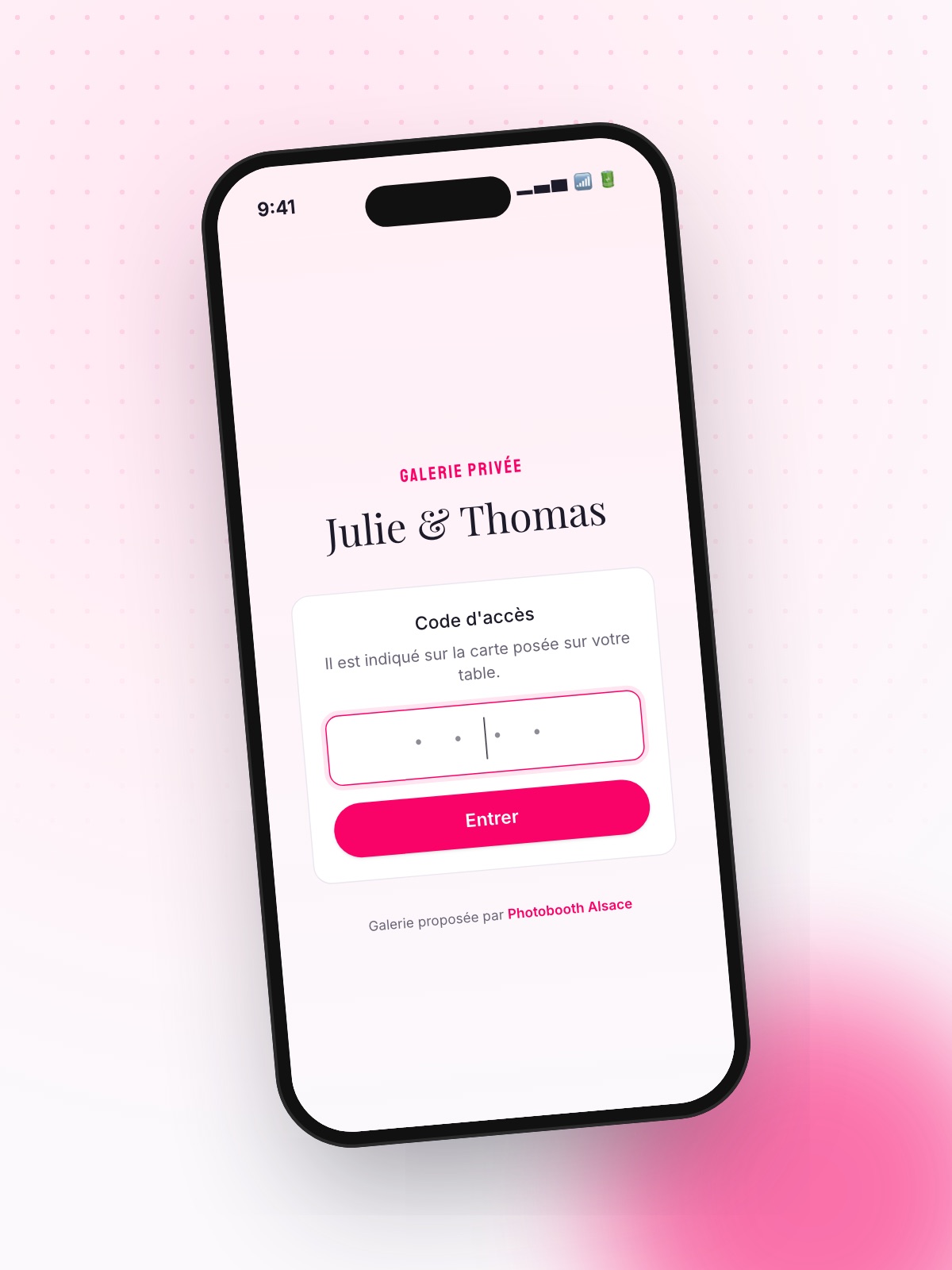 Écran de code d'accès de la galerie photo privée du mariage sur smartphone