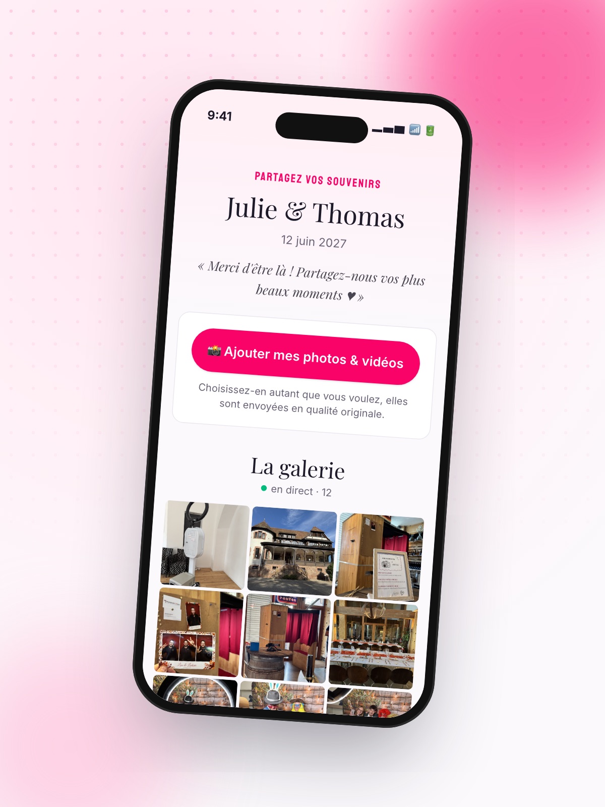 Galerie photo partagée du mariage sur smartphone, alimentée par les invités grâce à un QR code